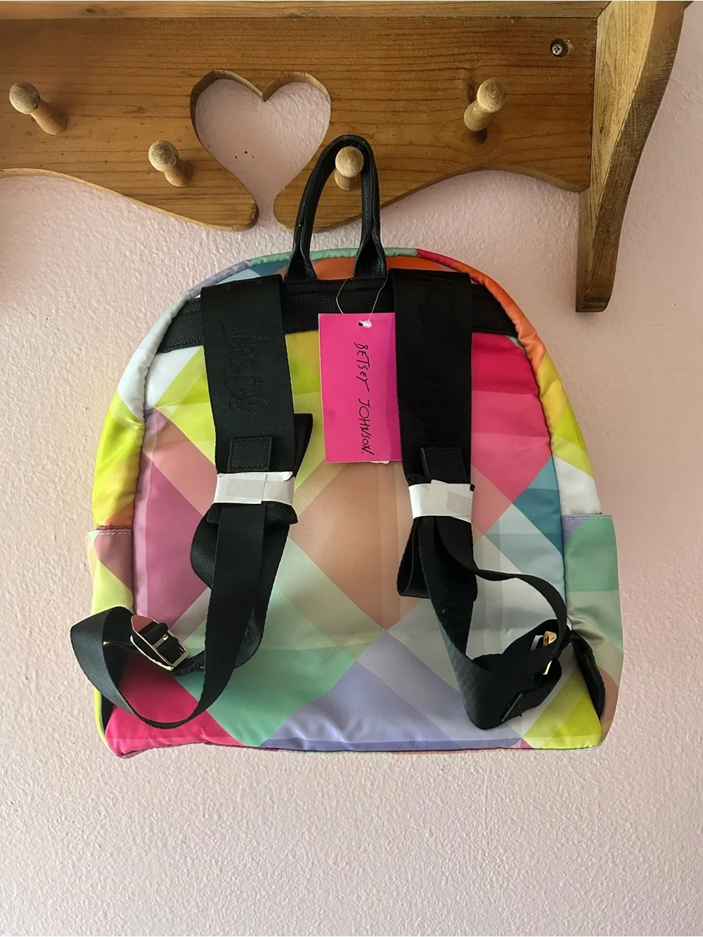 Multicolor Geometric Betsey Johnson Backpack with Gold Bow Accent NWT